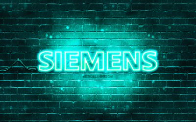 Siemens turquoise logo, 4k, turquoise brickwall, Siemens logo, brands, Siemens neon logo, Siemens