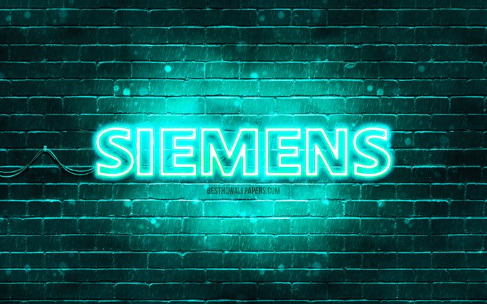 Logo Siemens turquoise, 4k, mur de briques turquoise, logo Siemens, marques, logo n&#233;on Siemens, Siemens