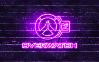 Overwatch 2 violet logo, 4k, violet brickwall, Overwatch 2 logo, games brands, Overwatch 2 neon logo, Overwatch 2