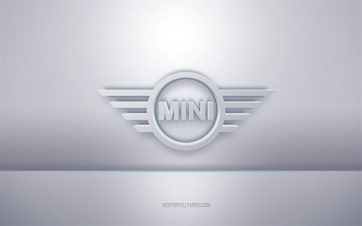 Mini 3d beyaz logo, gri arka plan, Mini logo, yaratıcı 3d sanat, Mini, 3d amblem