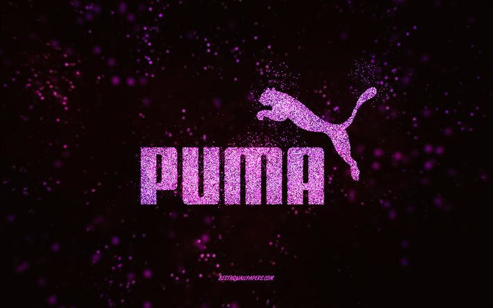 Puma parıltılı logo, 4k, siyah arka plan, Puma logosu, mor parıltılı sanat, Puma, yaratıcı sanat, Puma mor parıltılı logo