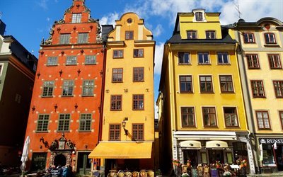 Estocolmo, Suecia, casas de colores, caf&#233;s, Estocolmo calle