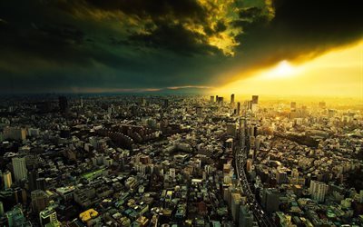 Tokio, Jap&#243;n, metropolis, puesta de sol, casa