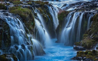 waterfall, rocks, stream of water, coast, Iceland