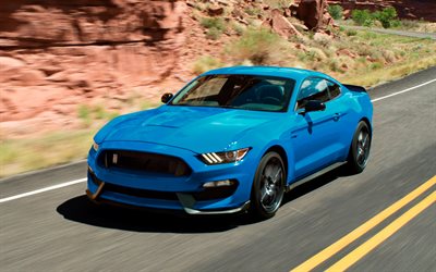 Ford Mustang, 2018, Shelby GT350, sport car, bright blue Mustang, American cars, Ford
