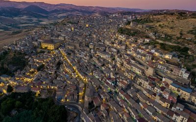 Sicily, houses, urban panorama, Leonforte, Italy, city from above