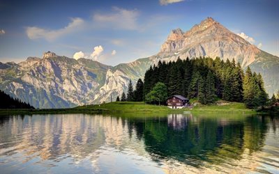 Switzerland, lake, hut, mountains, Alps