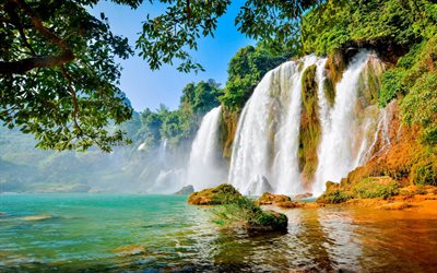 beautiful waterfall, lake, jungle, Thailand, summer, travel, tropical island