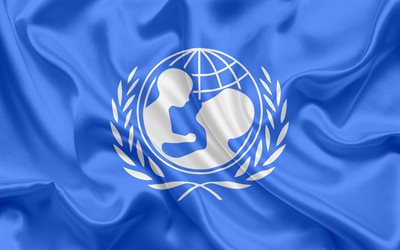 Lipun Unicef, symbolit, Unicefin logo, sininen silkki lippu, Yhdistyneiden Kansakuntien Kansainv&#228;lisen Lasten H&#228;t&#228; Rahasto