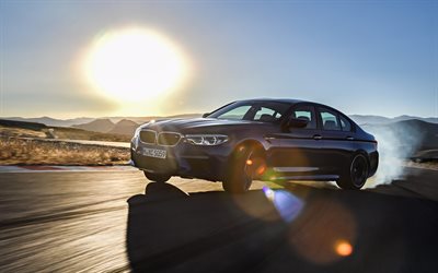 BMW M5, drift, F90, 2018 cars, smoke, blue m5, german cars, BMW