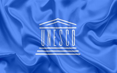 UNESCON Lippu, symbolit, tunnus, logo, UNESCON, Yhdistyneiden Kansakuntien Kasvatus -, Tiede-ja kulttuurij&#228;rjest&#246;n, sininen silkki lippu, Flag UNESCON