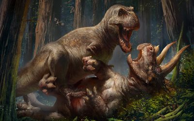 dinosaurier, slaget, skogen, f&#246;rhistoriska djur, konst, vilda djur