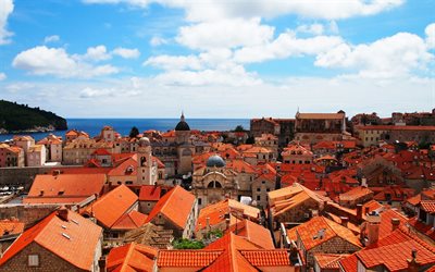 Dubrovnik, stadsbilden, orange tak, resort, Adriatiska havet, sommar, Kroatien