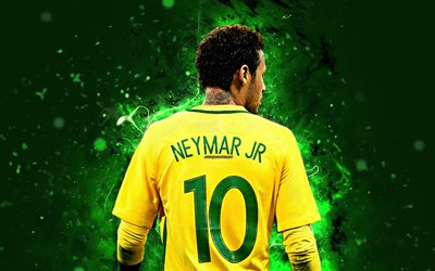 4k, Neymar JR, back view, abstract art, Brazil National Team, fan art, Neymar, soccer, footballers, neon lights, football stars, Brazilian football team