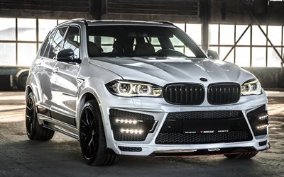 BMW X5M, 2018, F15, Renegade, luxurious tuning, front view, new white X5, aerodynamic body kit, tuning X5 F15, German cars, BMW