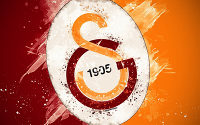 Galatasaray SK, 4k, peinture d&#39;art, logo, cr&#233;atif, turque de football de l&#39;&#233;quipe, Super Lig, embl&#232;me, rouge sur fond jaune, style grunge, Istanbul, Turquie, football