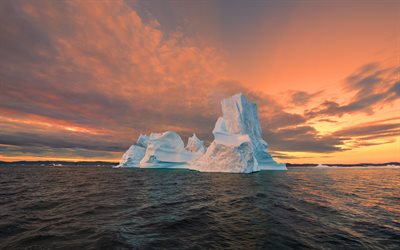 大きな氷, ブロック氷, 夜, 夕日, 北大西洋, グリーンランド