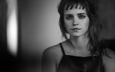 Emma Watson, A atriz brit&#226;nica, monocrom&#225;tico, sess&#227;o de fotos, retrato, rosto, vestido preto, mulher bonita, Emma Charlotte Duerre Watson