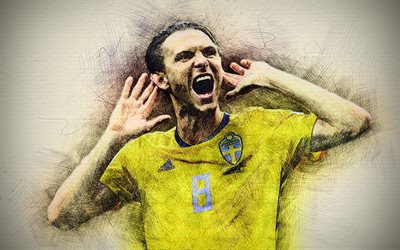 4k, Albin Ekdal, Swedish football team, artwork, soccer, Ekdal, footballers, drawing Ekdal, Sweden National Team