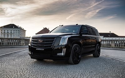 Cadillac Escalade, 2018, black SUV, luxury tuning, new black Escalade, black wheels, American cars, Cadillac