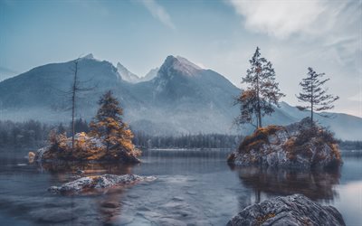 montagna, lago, mattina, autunno, paesaggio di montagna, nebbia, rocce, Alpi, Baviera, Germania
