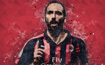 Gonzalo Higuain, 4k, art, AC Milan, Argentiinalainen jalkapalloilija, geometrinen taide, punainen tausta, Serie, Italia, jalkapallo