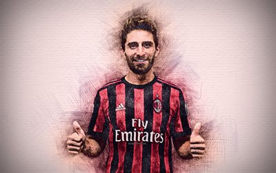 Fabio Borini, 4k, sanat, İtalyan futbolcu, Rossoneri, futbol, Borini, AC Milan, Serie futbolcular, Milan FC &#231;izim