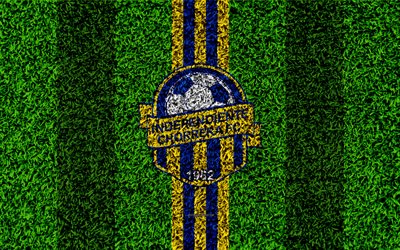 Independiente FC, 4k, logo, football lawn, Panama football club, yellow blue lines, grass texture, emblem, Panamanian Football League, La Chorrera, Panama, football
