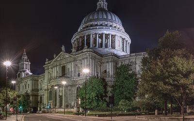 St Paul Katedrali, Metropolitan Katedrali, gece, şehir ışıkları, Londra, İNGİLTERE, R&#246;nesans mimarisi, İngiliz Barok