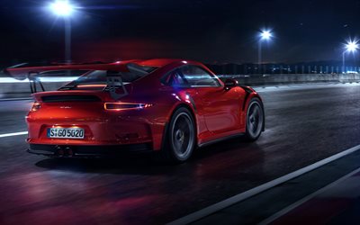 4k, el Porsche 911 GT3 RS, vista posterior, 2018 coches, pista, la noche, supercars, rojo Porsche 911, los coches alemanes, Porsche