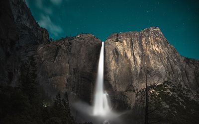 Yosemite Falls, 4k, karanlık, şelaleler, dağlar, Yosemite, ABD, Amerika, Yosemite Ulusal Parkı