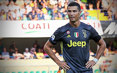 Cristiano Ronaldo, 2018, el partido, la Juventus, el futbolista portugu&#233;s, estrellas de f&#250;tbol, Serie a, de Ronaldo, de uniforme negro, CR7, futbolistas, CR7 la Juve, el f&#250;tbol, la Juventus FC, Blanquinegros, creativo