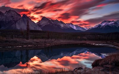 mountain landscape, lake, sunset, evening, autumn, forest, Alberta, Canada