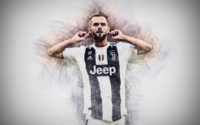 Miralem Pjanic, 4k, artwork, Bosnian footballer, Juventus, Serie A, Bianconeri, Pjanic, soccer, football, Juve, footballers, drawing Pjanic