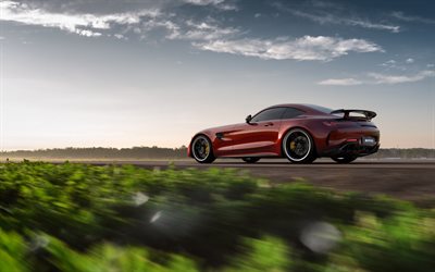 Mercedes-Benz GT R AMG, 2018, red luxury coupe, rear view, new red GT R, speed, German sports cars, supercar, Mercedes