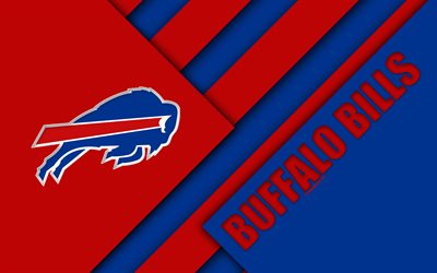 Buffalo Bills, 4k, logotyp, NFL, Amerikansk fotboll, bl&#229; r&#246;d abstraktion, material och design, Buffalo, New York, USA, National Football League