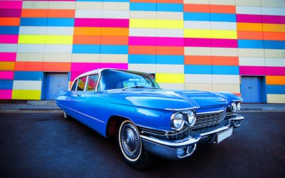 Cadillac Fleetwood, 4k, 1966 cars, retro cars, blue Fleetwood, Cadillac