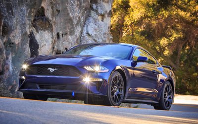 Ford Mustang, 4k, estrada, 2018 carros, far&#243;is, supercarros, Ford