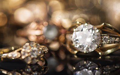 joyas de oro, diamantes, anillos de boda, piedras preciosas, 4k, la boda de conceptos, anillos de oro