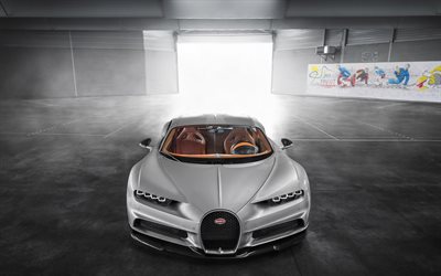 Bugatti Chiron, 2017, hypercar, sports car, front view, garage, Silver Chiron, W16, VAG, Bugatti