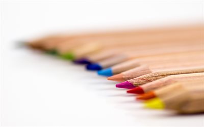 renkli kalemler, 4k, bulanıklık, yakın &#231;ekim, kalemler