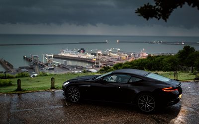 Aston Martin DB11, 4k, supercars, 2018 cars, rain, black DB11, Aston Martin