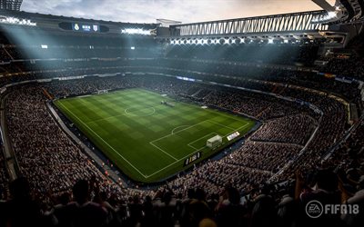 Santiago Bernabeu, 4k, FIFA 18, Real Madrid Stadium, 2017 games, football simulator, FIFA18, Real Madrid