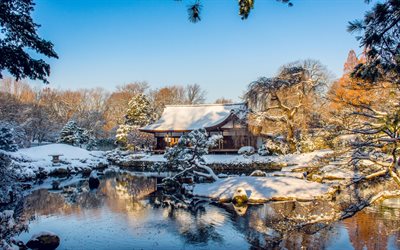 winter, snow, Japanese architecture, Shofuso Japanese House and Garden, Fairmount Park, Pennsylvania, Philadelphia, USA