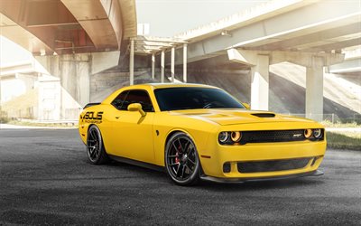 Dodge Challenger SRT, American sports car, sports coupe, tuning, yellow Challenger, Dodge