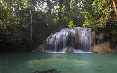 waterfall, rainforest, lake, beautiful forest landscape, Thailand