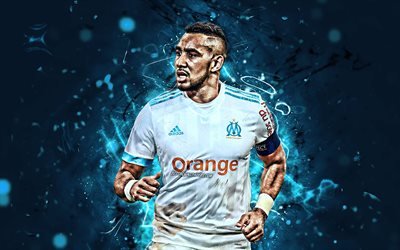 Dimitri Payet, white uniform, Olympique Marseille FC, soccer, french footballers, Ligue 1, Payet, football, neon lights
