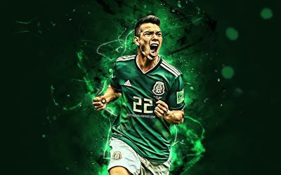 Hirving Lozano, goal, Mexico National Team, joy, soccer, footballers, Hirving Rodrigo Lozano Bahena, neon lights, Mexican football team