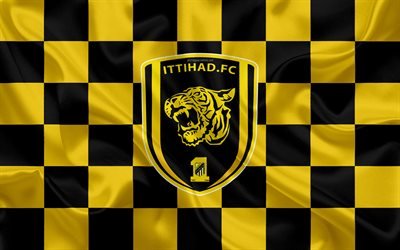 Al-Ittihad Club, 4k, logo, creativo, arte, giallo, nero bandiera a scacchi, Arabia football club, Saudi Professional League, seta, texture, Jeddah, Arabia Saudita, calcio, Al-Ittihad FC