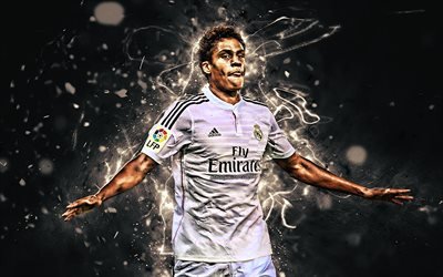 Raphael Varane, Real Madrid FC, goal, neon lights, soccer, fan art, La Liga, football, Galacticos, Varane, french footballers, Real Madrid CF